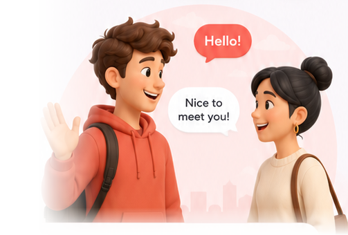 Two people greeting each other in an Indonesian street scene